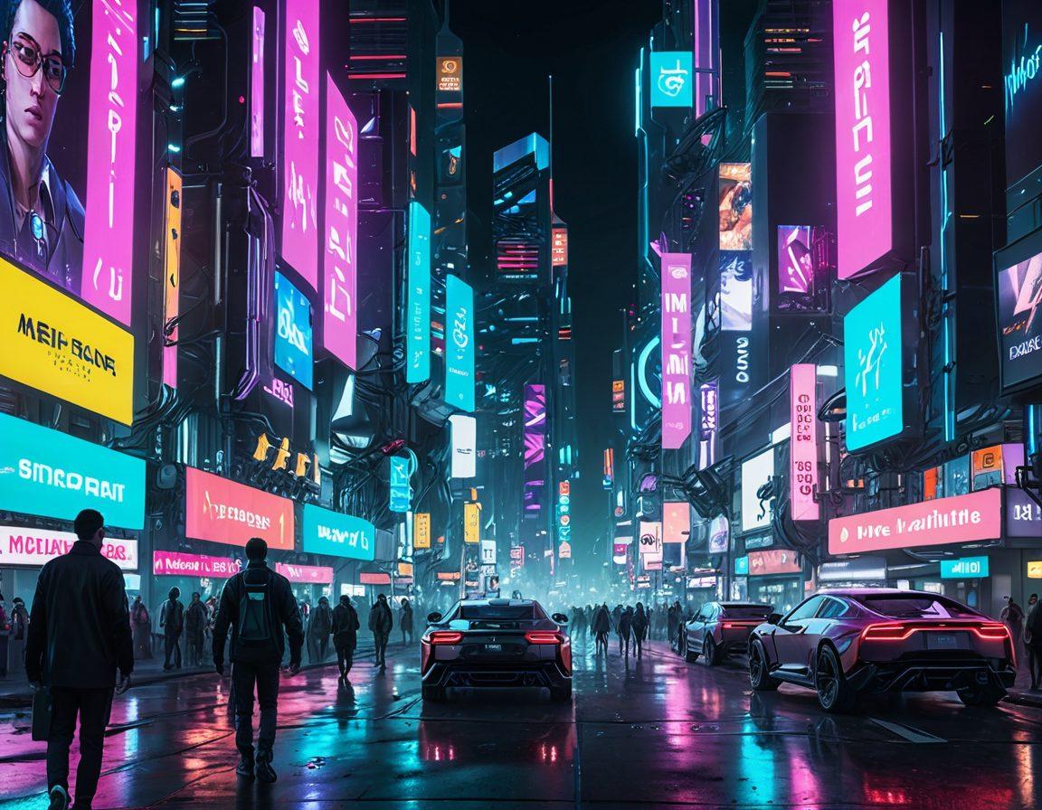 A futuristic digital cityscape with holographic UI/UX elements, sleek robots working on web design, code flowing like neon light trails, and modern gadgets. A large billboard displaying 'Malhigh' with innovative design patterns and coding symbols in the background. cyberpunk. vibrant colors. high-tech. super-realistic.
