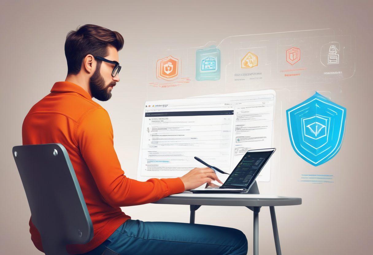 A dynamic, multi-layered image showing the evolution of a full-stack developer through various stages: web design, coding, and web security. Include detailed illustrations of a designer sketching on a tablet, a programmer working with HTML/CSS/JS code, and a security expert with shield and lock icons. Highlight Malhigh's logo prominently. Vector art. vibrant colors.