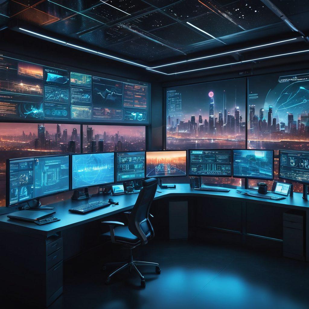 A futuristic control room with a full-stack developer monitoring multiple holographic screens displaying various security metrics and performance analytics. The screens show firewalls, encryption codes, speed tests, and real-time security threats. The backdrop includes a cityscape at night, symbolizing the vast web. cyberpunk. vibrant colors. 3D.
